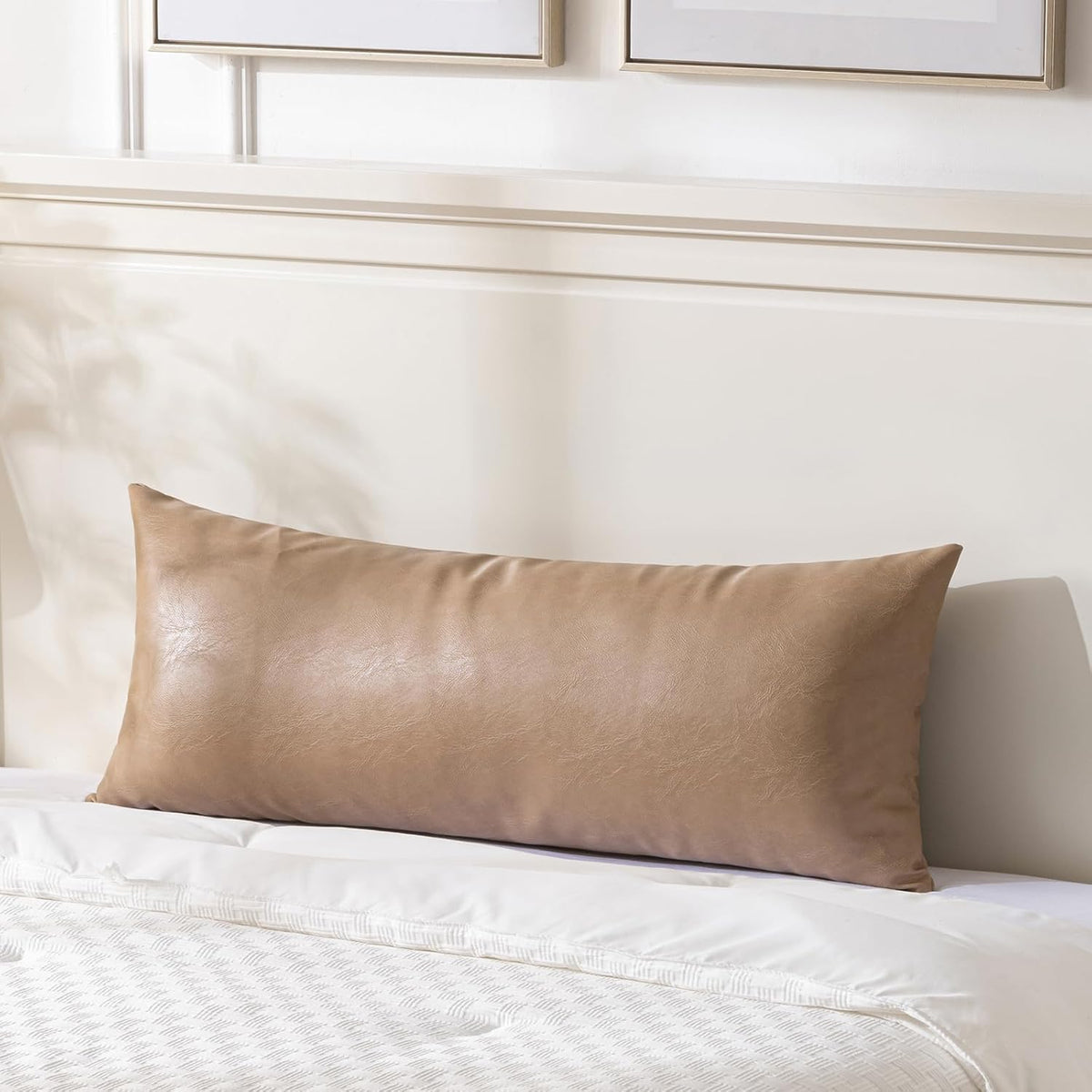 Fancy Homi Tan Long Lumbar Faux Leather Body Decorative Throw Pillow Cover 14x36 Inch for Bedroom Couch Bed Bench, Thick Beige Solid Rectangular Waterproof Cushion Case, Boho Farmhouse Room Decor