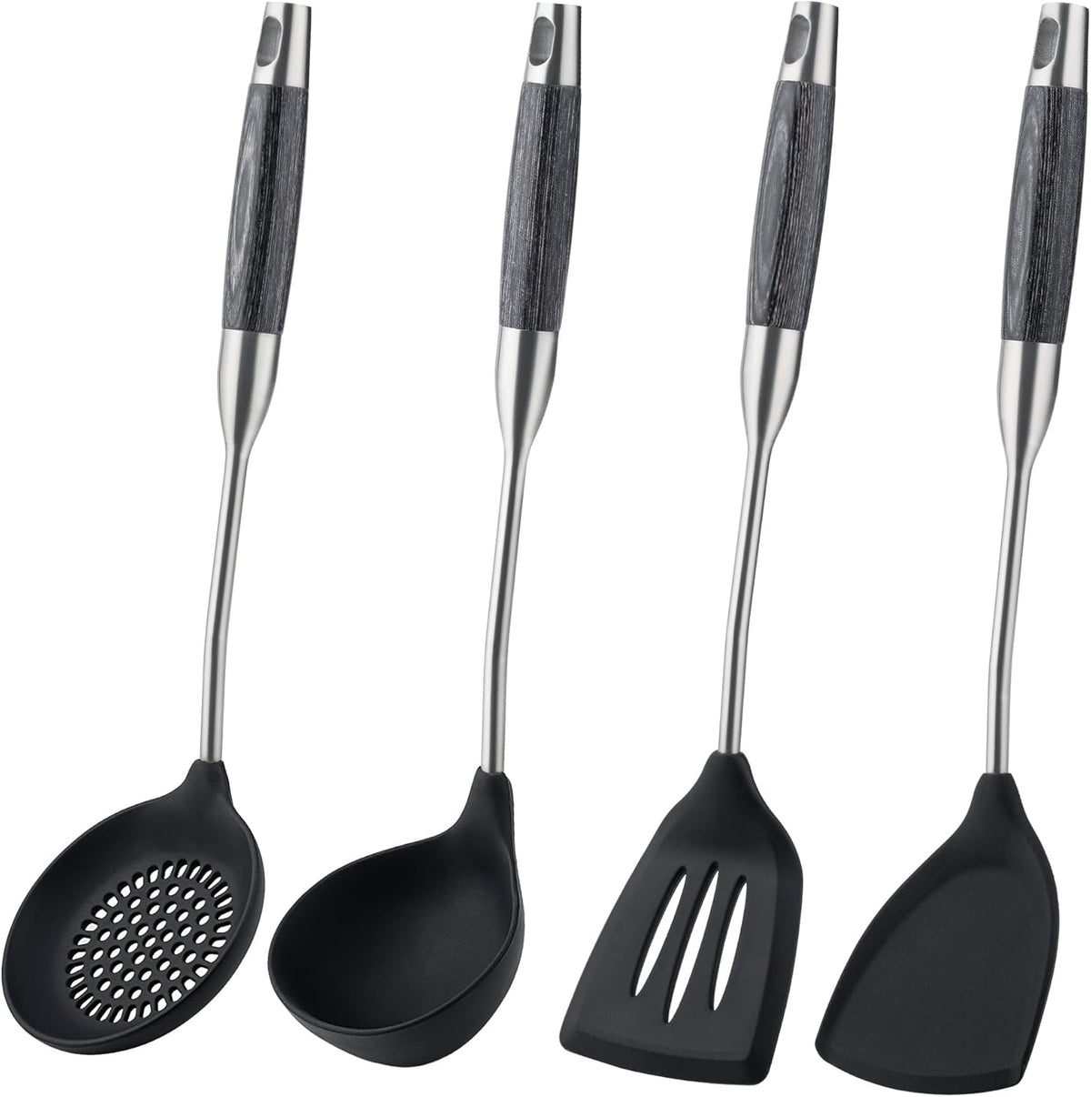 FJNATINH Silicone Wok Spatula,Turner,Ladle,Skimmer,Stainless Steel Wok Tools,Wok Utensil,Non Stick Heat-Resistant Cooking Utensils BPA Free Kitchen Utensils Cookware (Black Stainless Steel-4PCS)