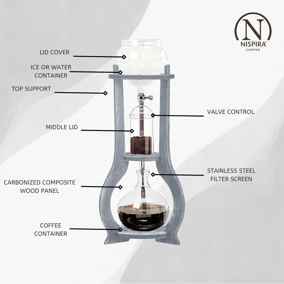 Nispira Iced Coffee Cold Brew Drip Tower Coffee Maker Wooden, 6-8 cup, Grey