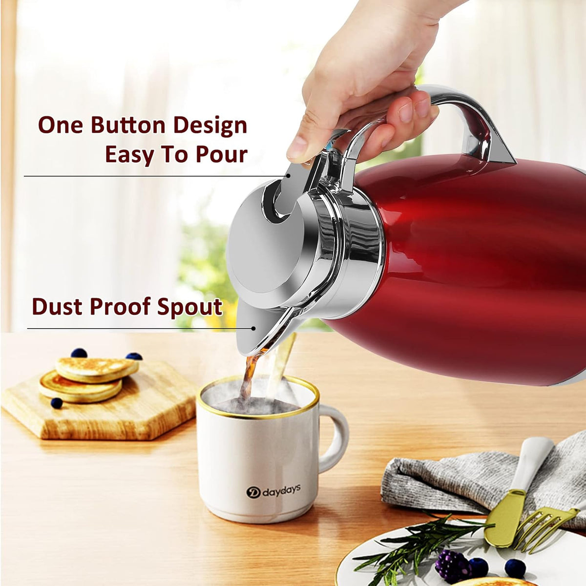 Coffee Carafes for Keeping Hot, ShineMe Stainless Steel Thermal Coffee Carafe, Double Walled Vacuum Coffee Pot, 61oz(1.8L) Insulated Hot Water & Coffee Dispenser, 12H Heat/24H Cold Retention