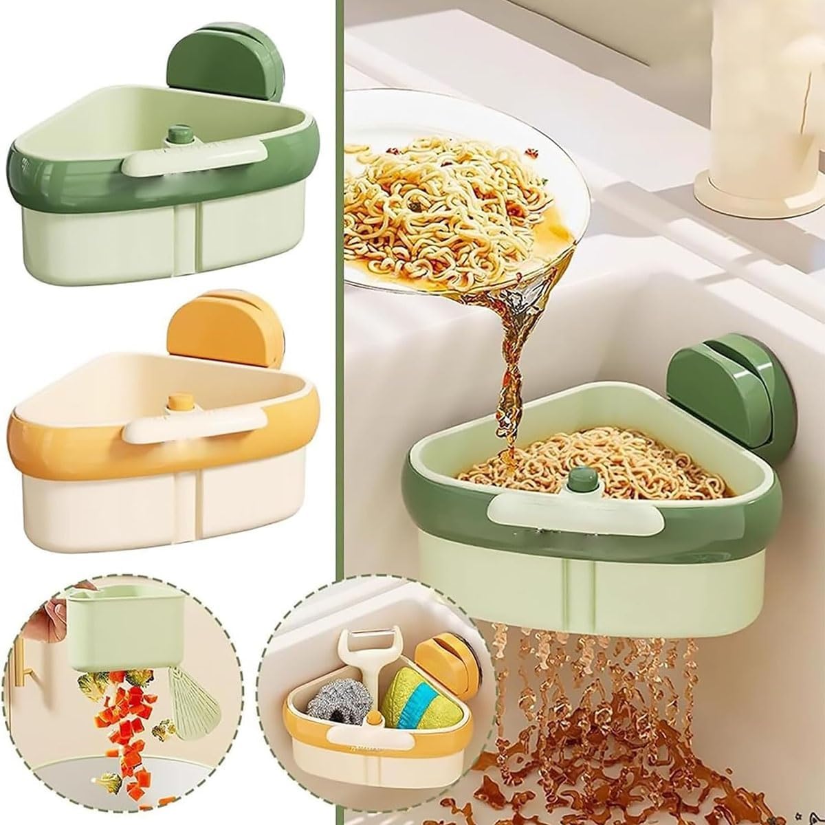 Suction Cup Sink Corner Rack, Triangular Sinks Basket Shelf with Suction Cup Sucker, Plastic Sink Storage Rack Holder, Trash Catcher, Corner Hanging, for Kitchen Bathroom Dishware(Green)