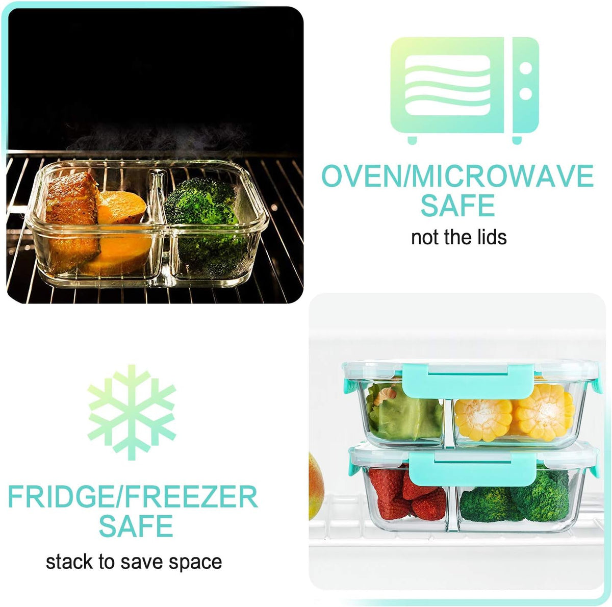 [5-Pack,36 Oz]Glass Meal Prep Containers 2 Compartments Portion Control with Upgraded Snap Locking Lids Glass Food Storage Containers, Microwave, Oven, Freezer and Dishwasher (4.5 Cups, Green)