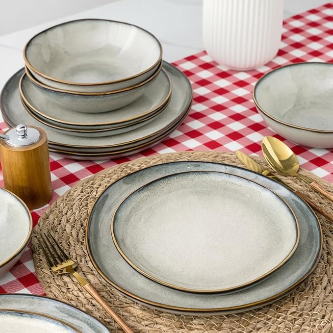 AmorArc Ceramic Dinnerware Sets,Handmade Reactive Glaze Stoneware Plates and Bowls Sets,Highly Chip and Crack Resistant | Dishwasher & Microwave Safe Dishes Set,Service for 4 (12pc)