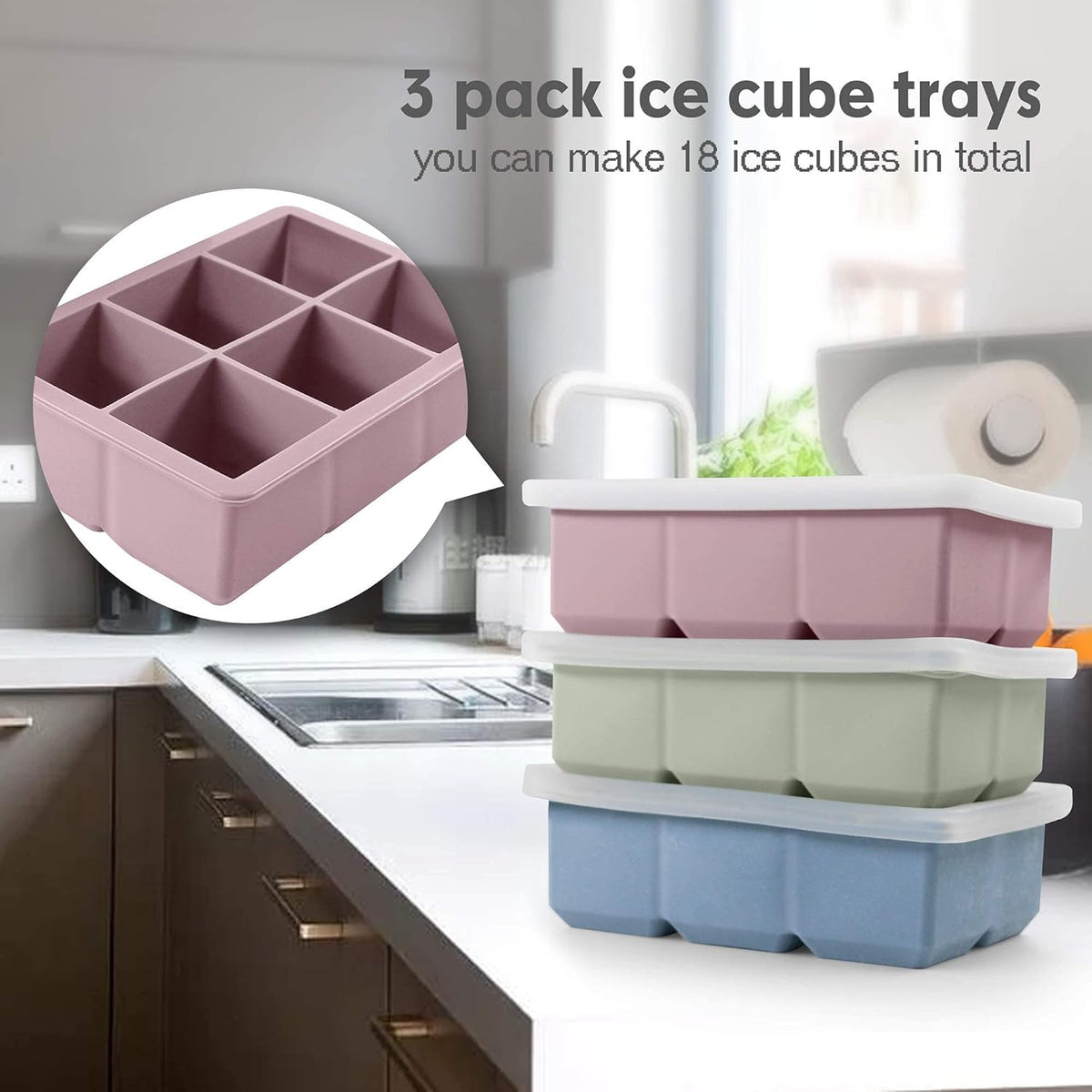 Silicone Ice Cube Trays 3 Pack - Large Size Silicone Ice Cube Molds with Leak Proof Removable Lid Square Ice Cube Tray And BPA Free for Cocktail,Whiskey, Stackable Flexible Ice