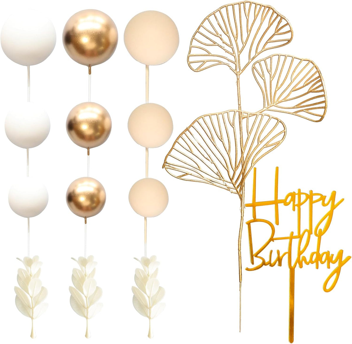 Gyufise 57Pcs Khaki Balls Cake Topper Boho Grass Cake topper Pearl Balls Acrylic Happy Birthday Cake Decorations for Wedding Baby Shower Birthday Boho Themed Party Supplies Khaki White Gold