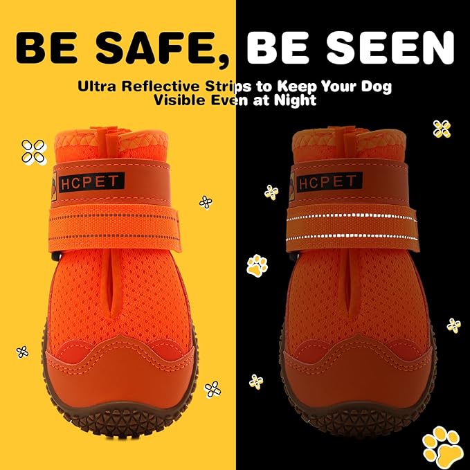Hcpet Dog Shoes for Large Dogs, Breathable Dog Booties for Small Medium Dogs, Anti-Slip Dog Boots & Paw Protectors for Hot Pavement Winter Snow Hiking with Reflective Straps Orange Size 3