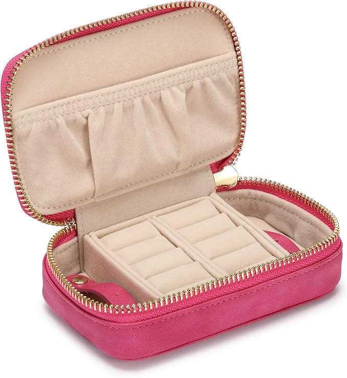 HISCOW Vegan Leather Travel Jewelry Case with Zipper - Portable Necklace & Earring Holder Organizer for Women Girls, Velvet-Lined Ring Box with Anti-Tarnish Design, Rose Red