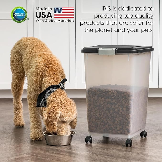 IRIS USA Airtight Dog Food Storage Container, Up to 54 lbs, Attachable Wheels, For Dog Cat Bird and Other Pet Food Storage Bin, Keep Fresh, Translucent Body, Easy Mobility, Black
