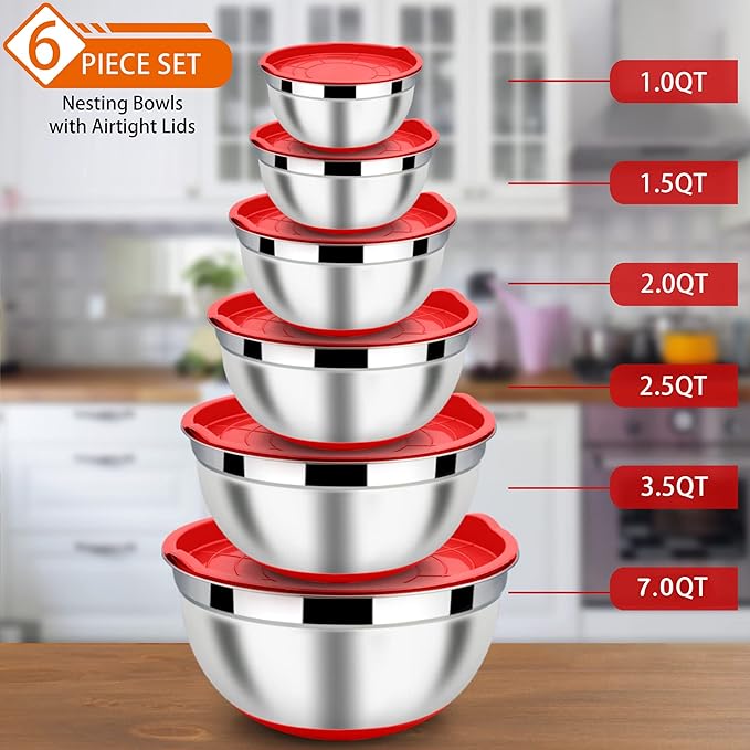 LIANYU Mixing Bowls Set of 6 with Airtight Lids, Size 7, 3.5, 2.5, 2, 1.5, 1QT Large Metal Stainless Steel Nesting Bowls for Cooking, Baking, Food Storage, Non-slip Bottom, Red