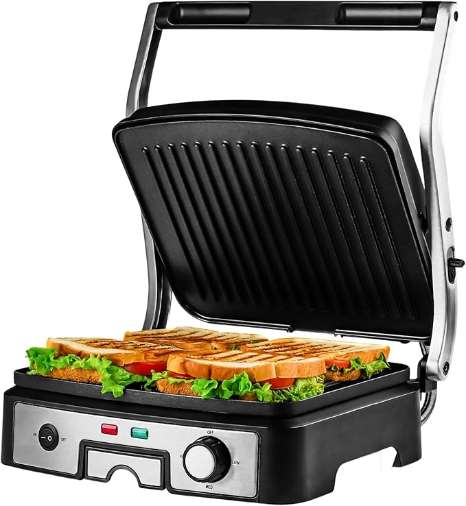 OVENTE Electric Panini Press Sandwich Maker, 1500W Indoor Grill with Non-Stick Coated Plates, Temperature Control & Removable Drip Tray, Opens 180 Degrees to Fit Any Type/Size of Food, Silver GP1861BR
