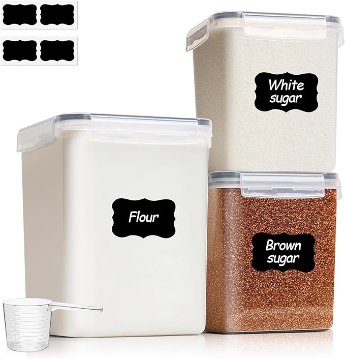 ComSaf Flour Sugar Storage Containers Set of 3 (5.2L/5.5Qt) (2.5L/2.6Qt*2), Large Airtight Food Storage Containers with Lids, Plastic Canisters Sets for Kitchen, Pantry Organizers for Rice and Baking