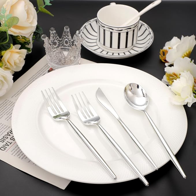 SUT 300Pcs Silver Plastic Cutlery, Silver Utensils Disposable, silver Plastic Silverware Set Include 100 Plastic Forks, 100 plastic Spoons, 100 plastic Knives Heavy Duty Flatware for Party