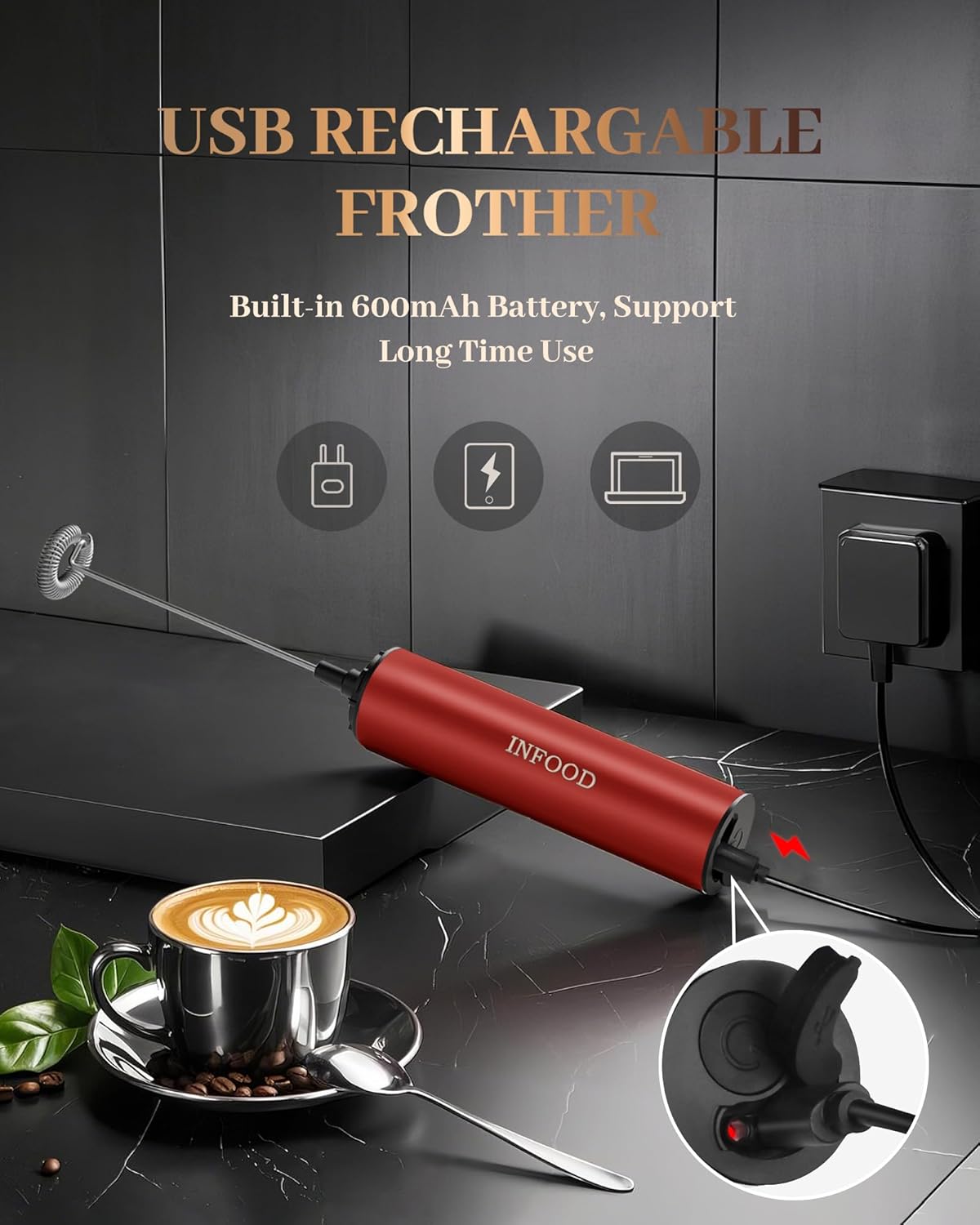 Milk Frother Rechargeable with Cover - Coffee Frother Wand, Drink Mixer Handheld with 2 Detachable Stainless Whisks 2 Speed Adjustable for Latte, Cappuccino, Hot Chocolate, Egg, Red