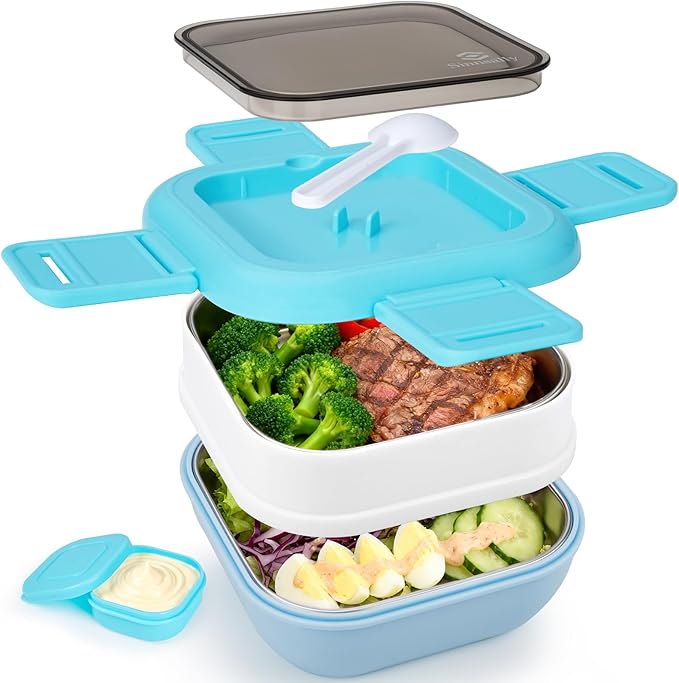 Sinnsally Bento Box Adult Lunch Box with Stainless Steel Container,Metal Lunchable Food Storage Container with Sauce Jar (Blue)