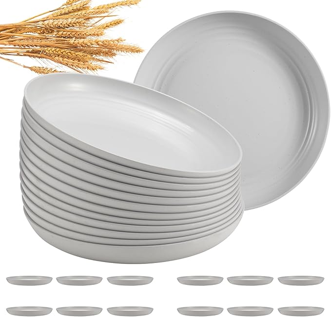 12 Pcs Unbreakable Deep Dinner Plates Set, 10 inch Reusable Plastic Wheat Straw Plates, Microwave and Dishwasher Safe Plate for Kitchen, Lightweight Plate for Dessert, BPA Free, White Gray