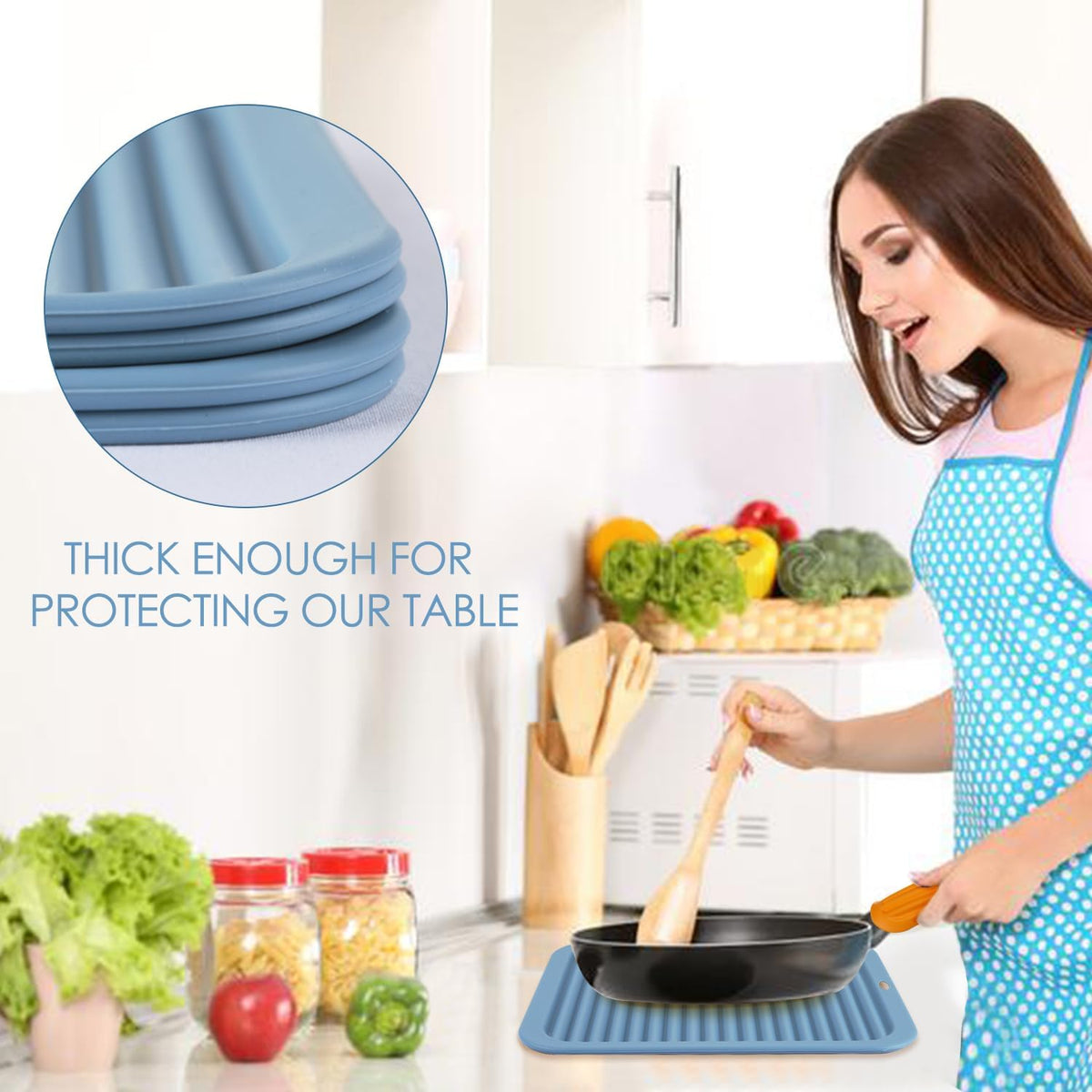 Large Silicone Trivet for Hot Dishes, 4PCS Hot Pads Trivets Mats for Hot Pots and Pans, Heat Resistant Silicone Hot Pot Holders, Blue Tables Mat for Countertop, Jar Opener, Drying Mat