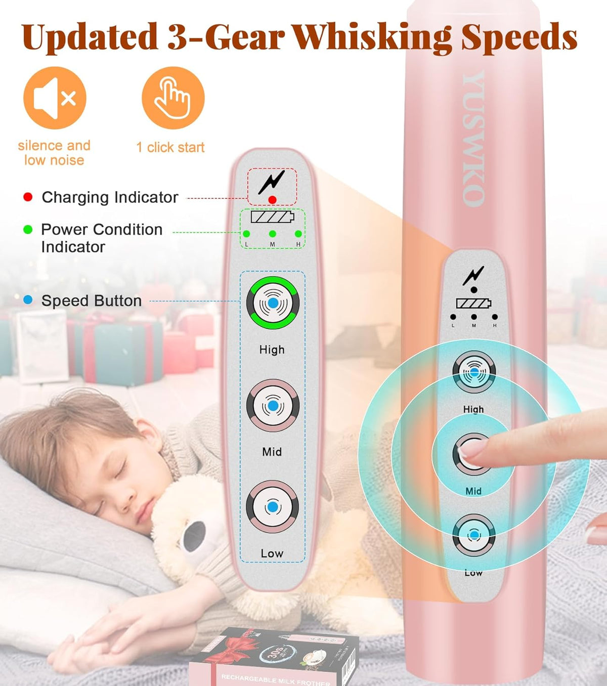 YUSWKO Milk Frother Handheld for Coffee, Rechargeable Drink Mixer with 3 Heads 3 Speeds Electric Coffee Frother Whisk, Gift for Many Occasions and Festival