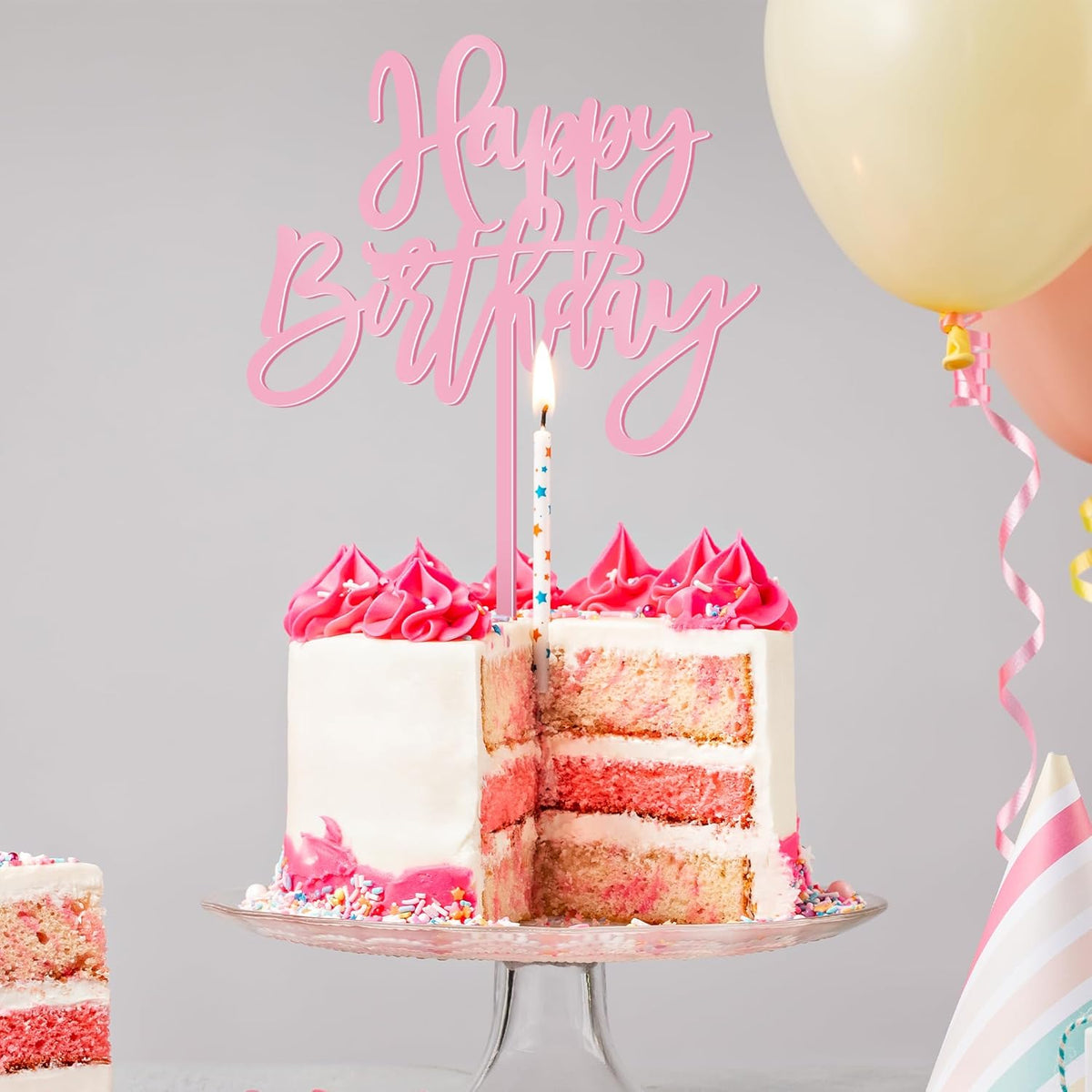 1 PCS Birthday Cake Topper, 5.1 x 7 Inches Happy Birthday Cake Toppers, Pink Happy Birthday Cake Sign for Party, Baby Shower, Anniversary and Cake Sign Decorations