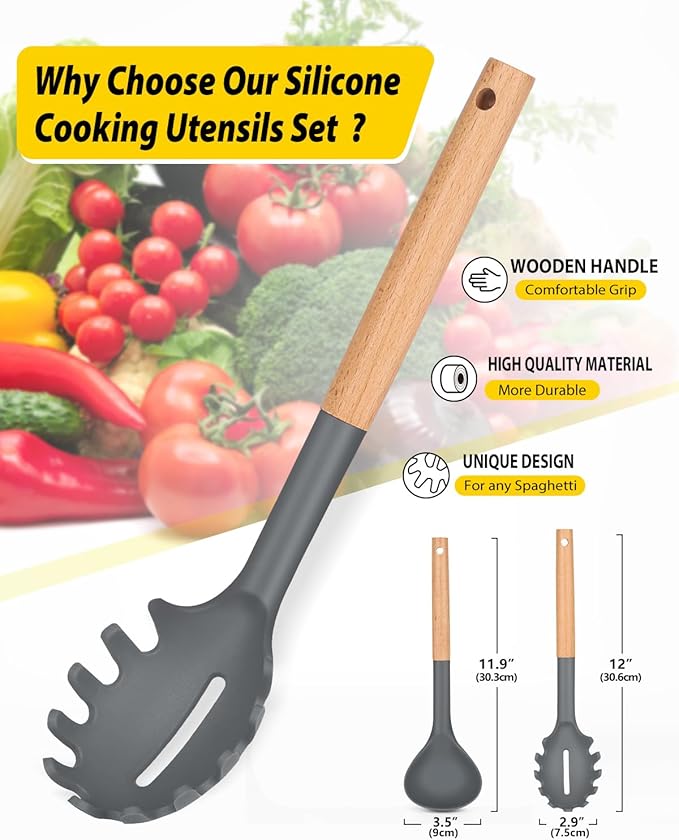 Silicone Pasta Fork and Ladle Spoon Set with Wooden Handle, Heat Resistant Non Stick Kitchen Utensils for Cooking, Stirring, Serving Spaghetti, Soup, Sauce(GRAY)