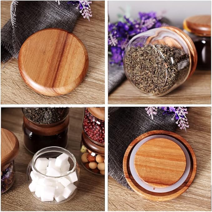 SAIOOL Kitchen Canisters Set of 6-8.5oz Glass Spice Jars With Acacia Airtight Lid and Labels Round Spice Bottles for kitchen Seasoning Baby Food Kids Snacks Meal Prep Containers Candle