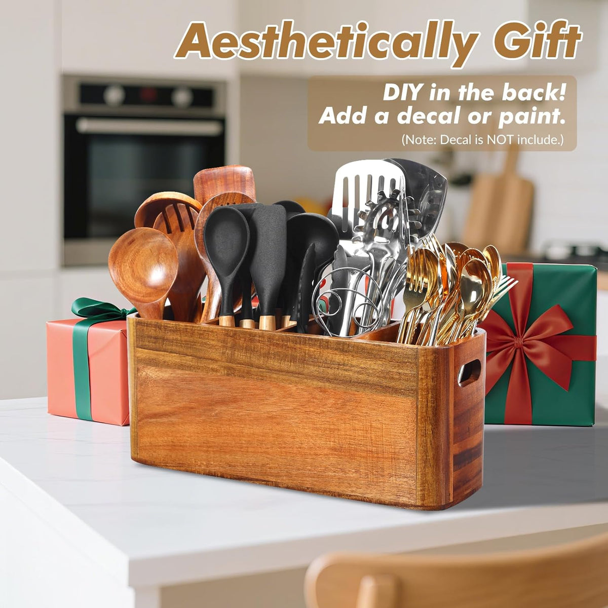 Kitchen Utensil Holder for Counter or Countertop, Extra Large Acacia Wood Organizer with 4 Compartments, Wooden Storage for Cooking and Silverware, Rustic Minimalist Decor, Sturdy Utensil Crock