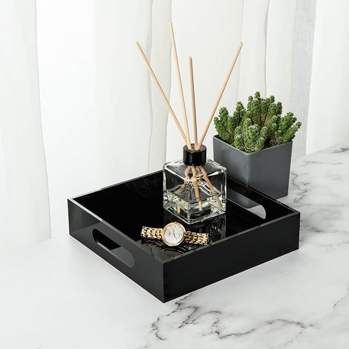 Black Sturdy Acrylic Tray with Handles-8x8 Inch- Countertop Organizer Tray for Kitchen,Bathroom,Office- Storage Box for Cosmetics, Jewelry,Toiletries,Toy,Gadgets