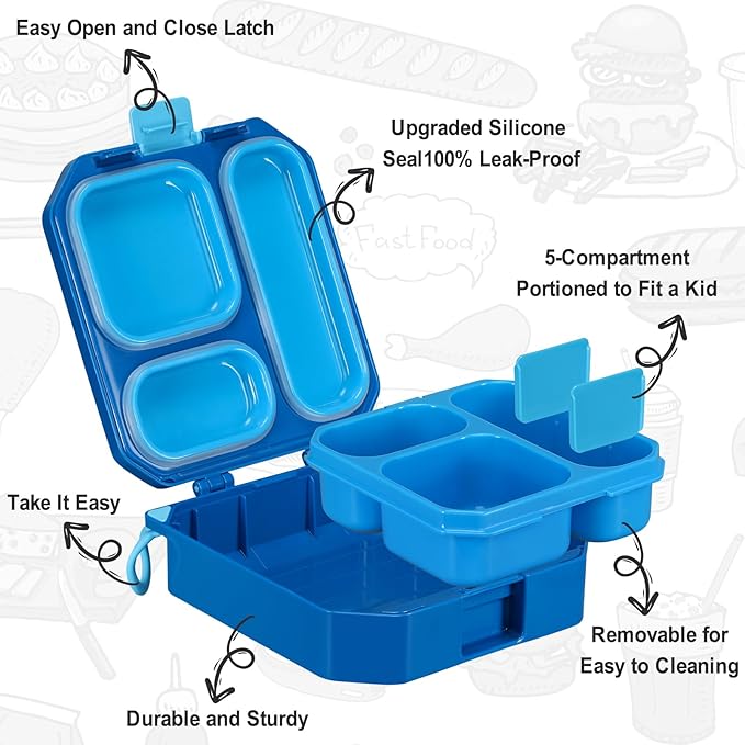 Itslife Bento Lunch Box Set for Kids with 12oz Soup Thermo&Lunch Bag, Leak-Proof Lunch Food Containers for Kids School, 5 Compartment, Sauce Cup, 10 Notes (Blue Dinosaurs)