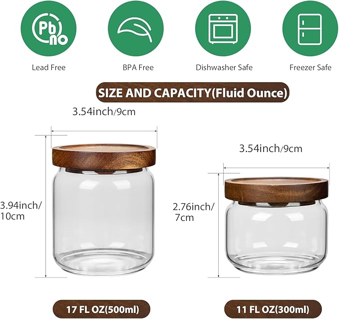 1 PC Small Glass Storage Jars with Airtight Lids, 11 fl oz (300ml) coffee container with Wooden Lid, Glass Pantry Canister for Beans, Rice, Sugar and etc