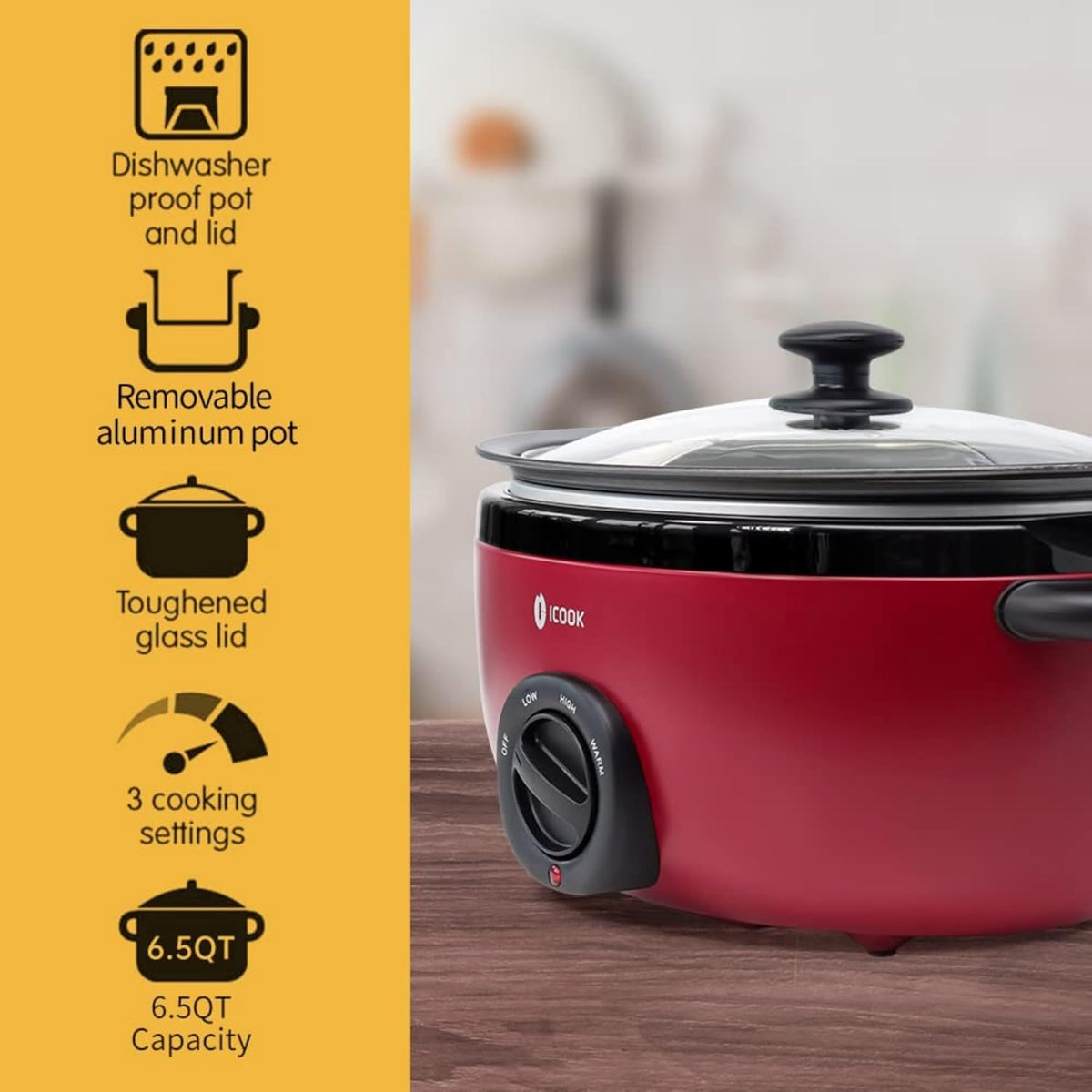 ICOOK 6.5 Quart Slow Cooker, Simmer Pot with Transparent Glass Cover, Cooks Entrees, Adjustable Temp, Sauces, Soups, Roasts, Stews and Dips (Red)