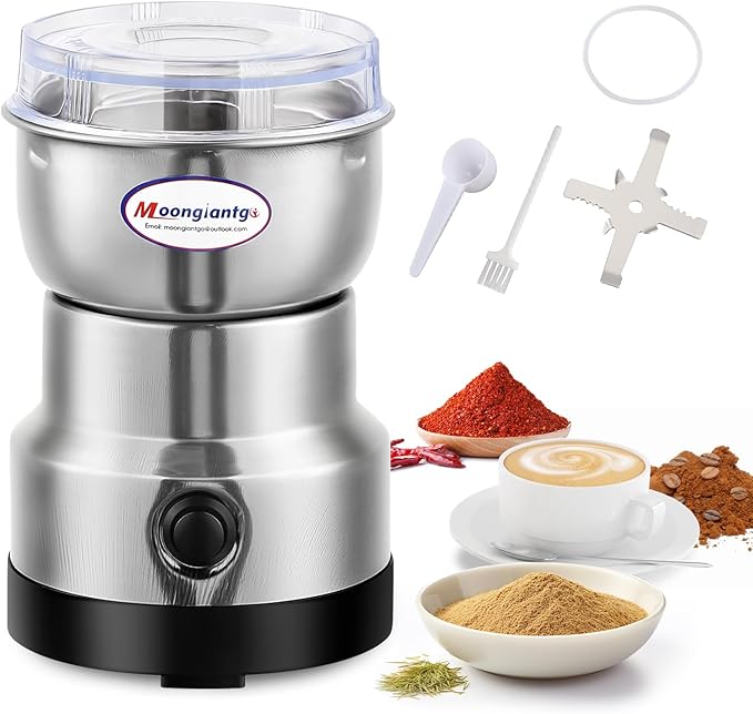 Moongiantgo Coffee Grinder Electric, Mini Spice Grinder, 200W 10s Fast Grinding, Dry Grain Mill for Spices Seeds Rice Beans Seasonings, with Replacment Stainless Steel Blade (Silver, 110V)