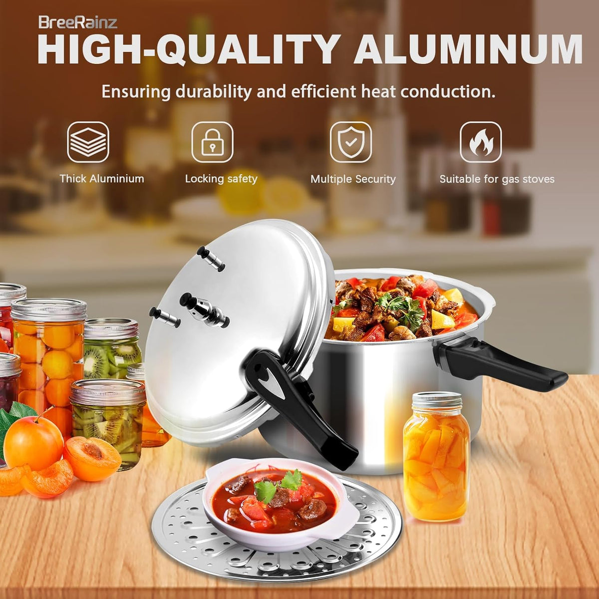 BreeRainz 12 Quart Pressure Cooker, Aluminum Pressure Canner w/Cooking Rack for Steaming,Canning and Stewing, Silver