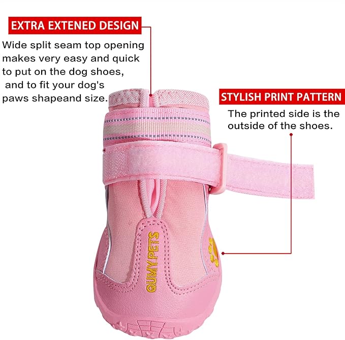 QUMY Dog Shoes for Large Dogs, Medium Dog Boots & Paw Protectors for Winter Snowy Day, Summer Hot Pavement, Waterproof in Rainy Weather, Outdoor Walking, Indoor Hardfloors Anti Slip Sole Pink 1