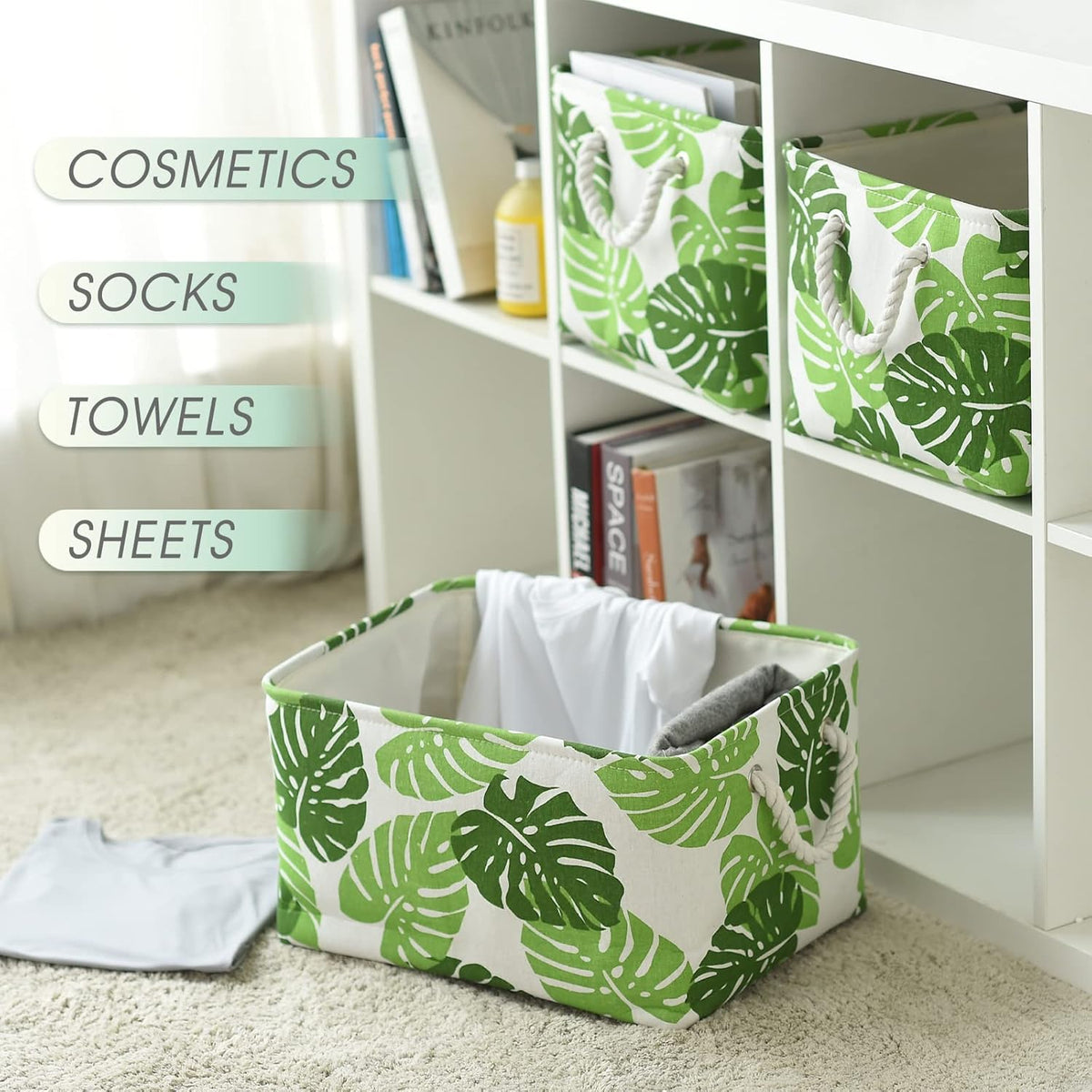 Storage Cubes, Storage Bins Baskets for Organizing 4 Pack for Organizing Toys, Clothes, Closet Baskets with Rope Handles for Nursery Home(White and Green,15.7"L×11.8"W×8.2"H)