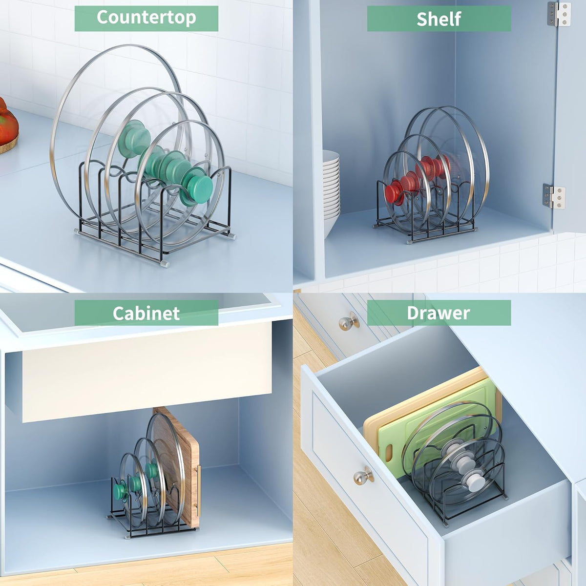 Pot Lid Organizer Rack,1.6in Wide Cutting Board Organizer for Pan Lids,Baking Sheets,Cookie Sheets, with 4 Slots,Cutting Board Holder Rack(2PC-Medium)