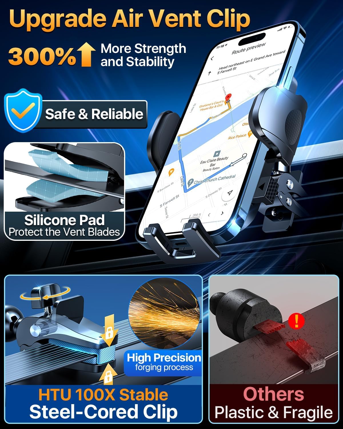 HTU Car Phone Holder【2026 Upgraded 100+LBS Suction & Safety Cert】 Cell Phone Car Mount for Truck Heavy Duty Phone Holder for Dashboard/Windshield/Vent for iPhone 17 16 Pro Max, Dark Black