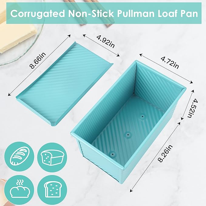 Blue Pullman Loaf Pan with Lid, Sandwich Bread Pullman Loaf Pan, 1LB Dough Capacity Rectangular Bread Pan, Non-Stick Loaf Pan with Dough Scraper Cutter for Sandwich Bread
