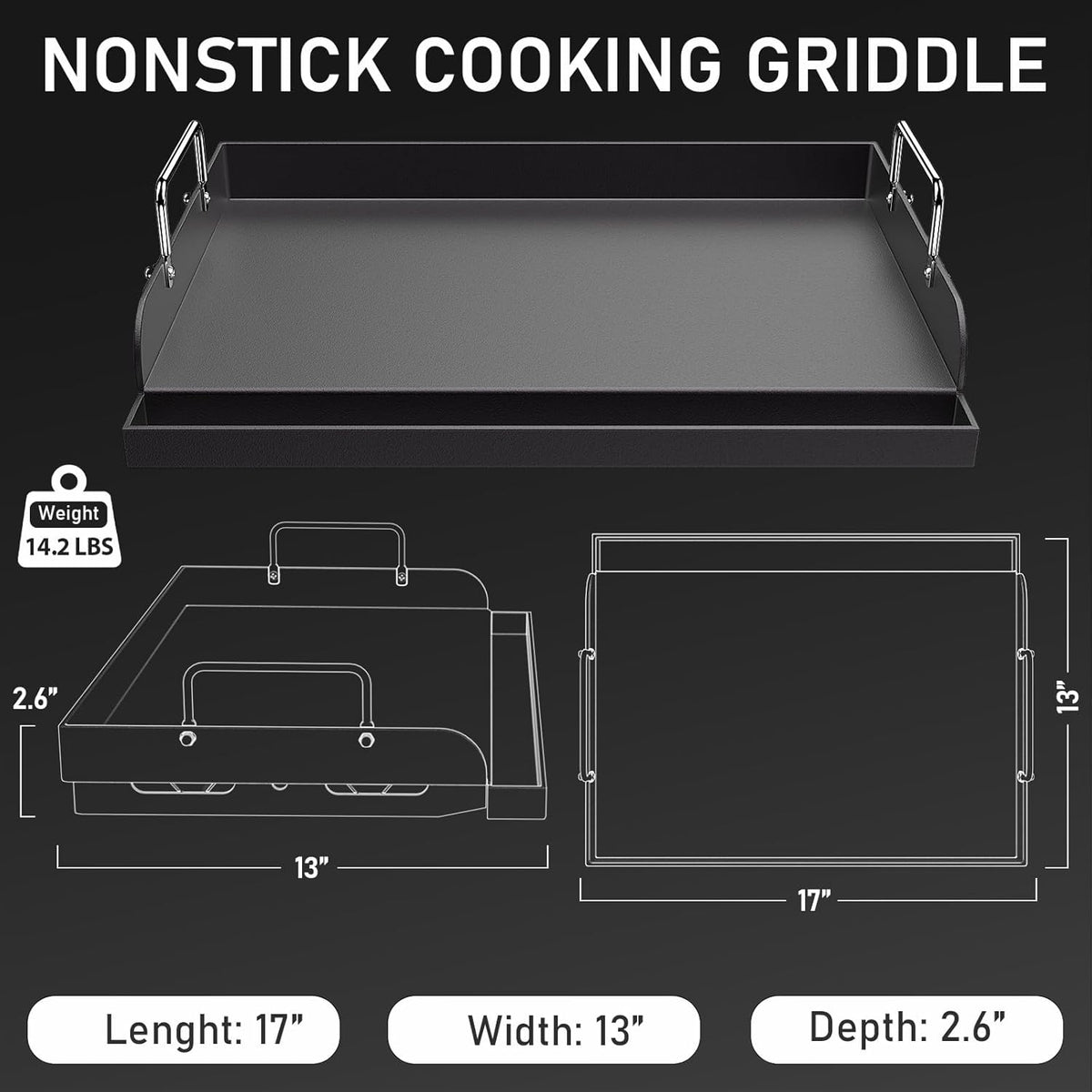Utheer 17" x 13" Nonstick Coating Cooking Griddle for Gas Grill, Universal Griddle Flat Top Plate Insert with Grease Groove and Removable Handles for Charcoal/Gas Grills, Camping, Tailgating, Parties