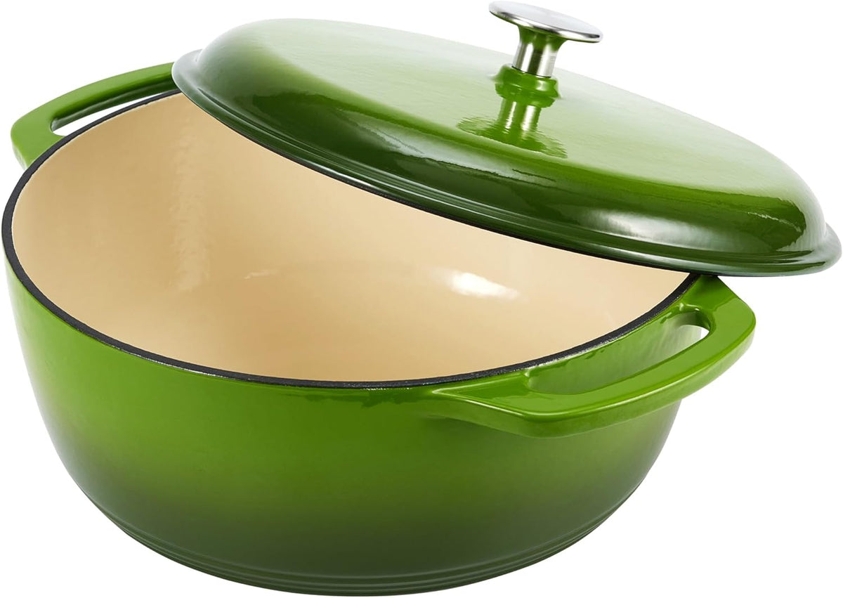 Amazon Basics Cast Iron Dutch Oven Pot with Lid, Enameled, Round, Dual Handles, Heavy-Duty, Large, 7.3-Quart, Green