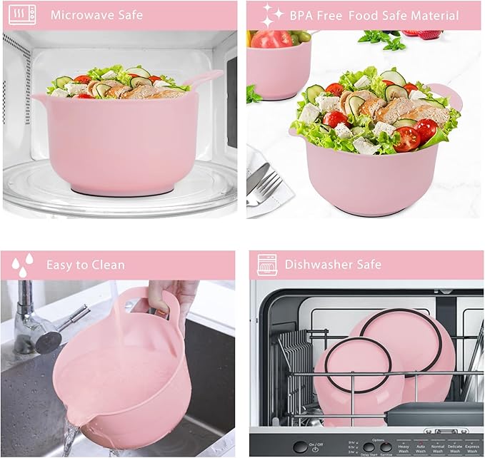 BoxedHome 4 Pack Nesting Mixing Bowl with Pour Spout and Handle, BPA free Microwave & Dishwasher Safe(Pink, 4 Pack with Handle)
