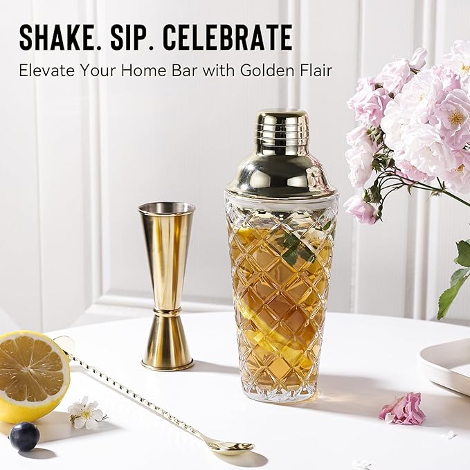 Glass Cocktail Shaker Set with Built-in Strainer – 16oz Thickened Pineapple Glass Gold Shaker Set, Gold Jigger & Bar Spoon with Muddler for Home Bar/Trolley Décor/Margaritas/Martinis