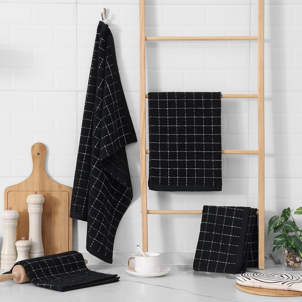 Homaxy 100% Cotton Terry Kitchen Towels(Black, 20 x 28 inches), Checkered Designed, Soft and Super Absorbent Dish Towels, Large 4 Pack