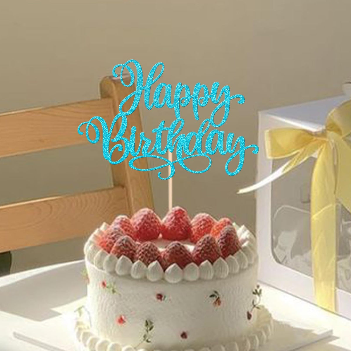 ZHUOWEISM 1 PCS Happy Birthday Cake Topper Glitter Cake Pick for Celebrating Anniversary Party Cake Decorations Supplies Lake Blue