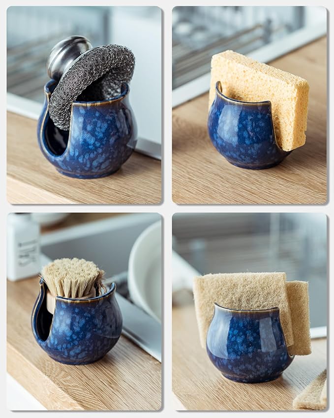 Ceramic Sponge Holder, Kitchen Sink Scrubby Caddy Organizer Dish Sponge Dish Rack for Scrubbers, Bathroom, Sink, Blue