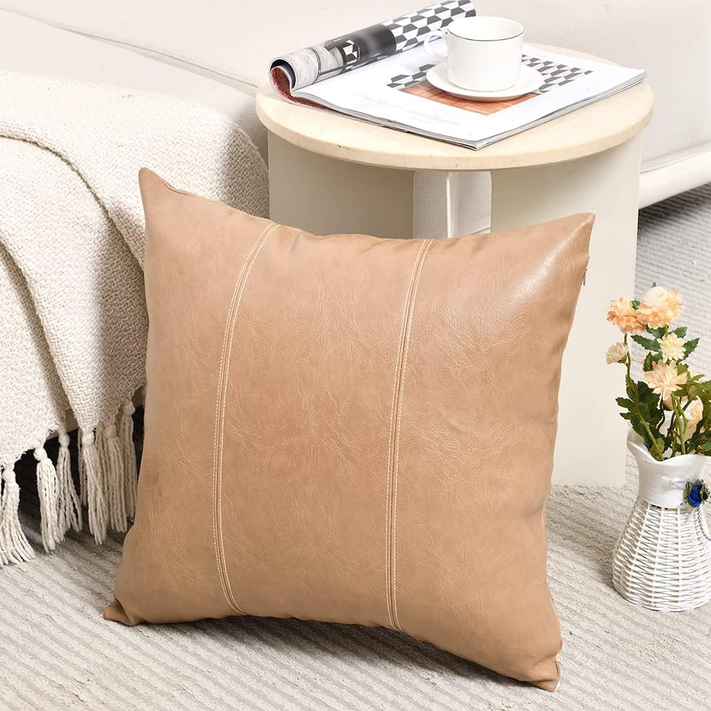 Fancy Homi Tan Decorative Throw Pillow Covers 18x18 Inch for Outdoor Couch Bed, Waterproof Faux Leather Hand Stitched Beige Square Cushion Case 45x45 cm, Modern Farmhouse Boho Home Decor