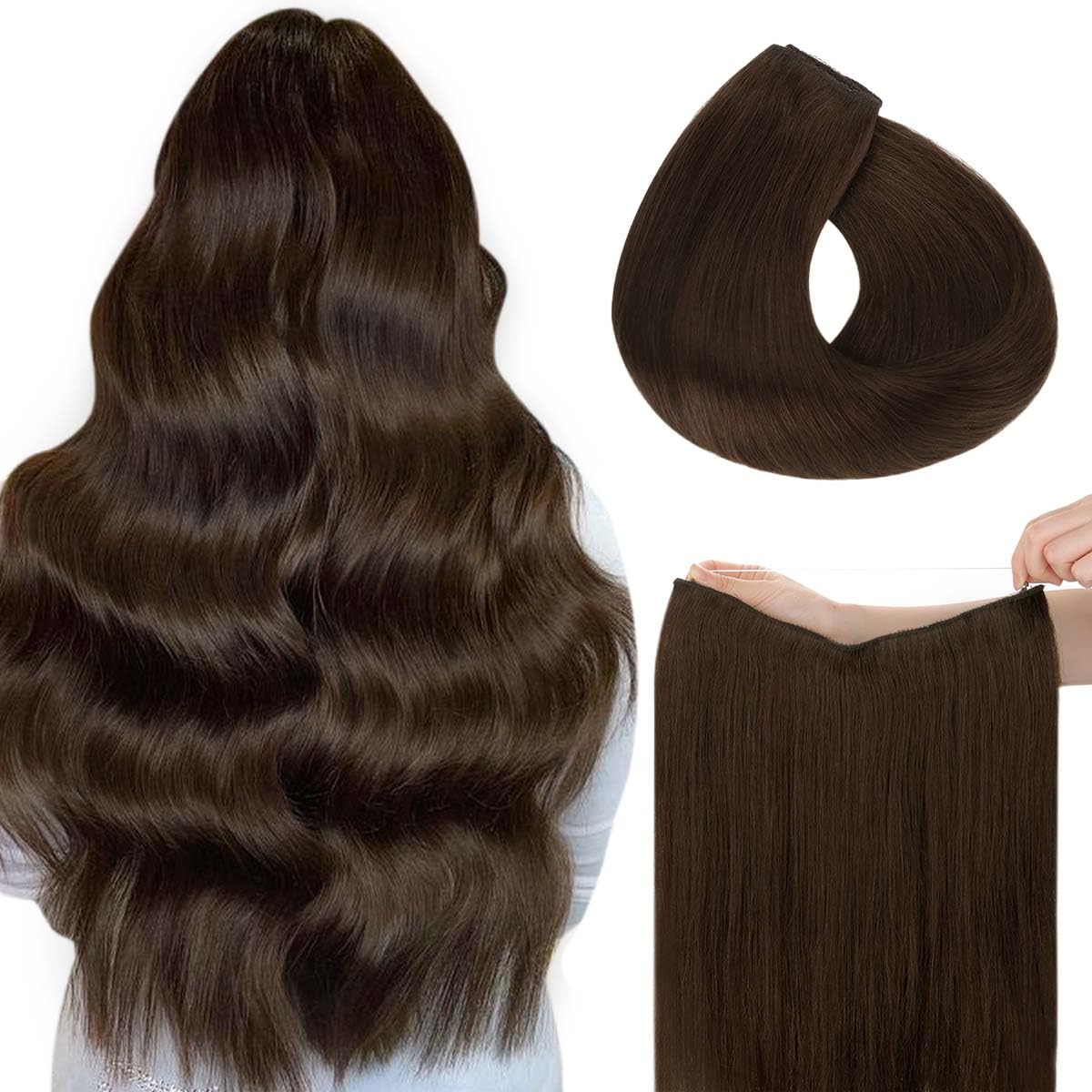 Hotbanana Wire Hair Extensions, 18 Inch 95G Light Dark Brown Fish Line Hair Extensions Real Human Hair Straight Invisible Wire H