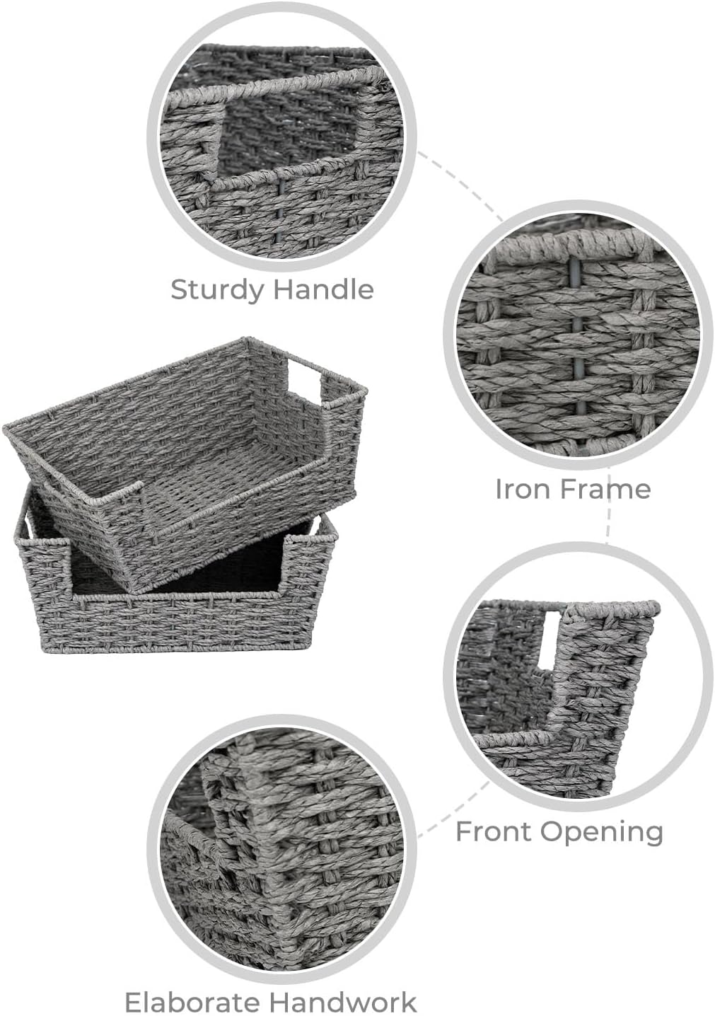 StorageWorks Round Paper Rope Woven Basket for Pantry Organizers and Storage, Stackable Wicker Pantry Baskets for Shelves, Grey, 2-Pack