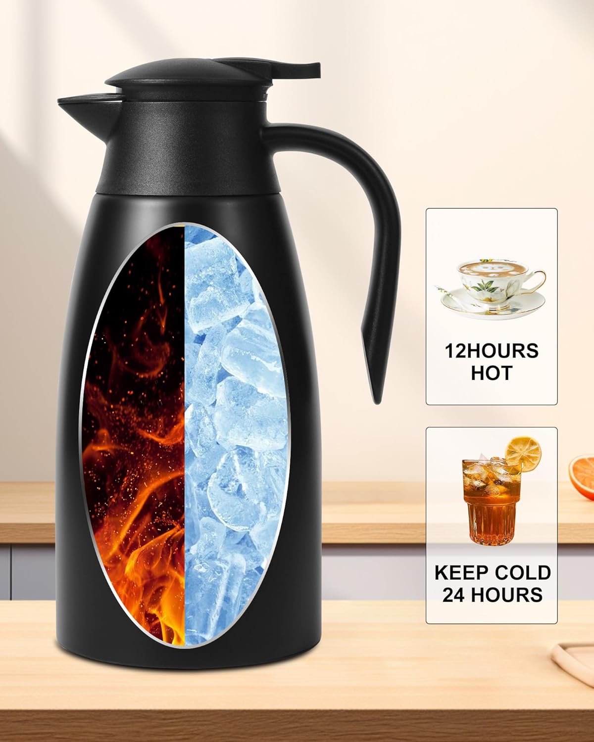 70oz Thermal Coffee Carafe for keeping hot,Updated Carafes for hot liquid, Stainless Steel Insulated Thermal Pot for Coffee, Hot Water,Keep Hot 12 Hours (Black 2.1 L)