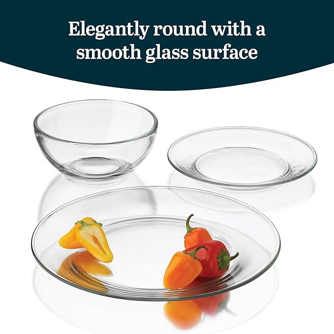 Libbey Round 12 Piece Glass Dinnerware Set, Stackable Glass Plate and Bowl Set w/Round Shape, Modern Plates and Bowls Sets for Gatherings, and Everyday Use