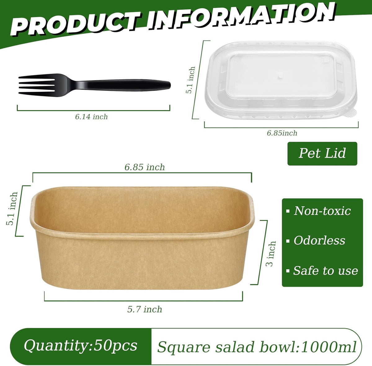 50-Pack 35oz Disposable Kraft Paper Bowls【with Lids and Forks】, Large Meal Prep Containers Paper Salad Bowls, Leakproof Food Containers Treat Soup Serving Bowl, Microwave Safe for Hot/Cold Food