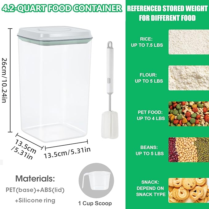 Airtight Flour Rice Storage Container with Pop-up Lid - 4.2 Qt Crystal-Clear Plastic Spaghetti Container, Tall and Slim Food Storage Bin Fit for Kitchen Pantry Organization